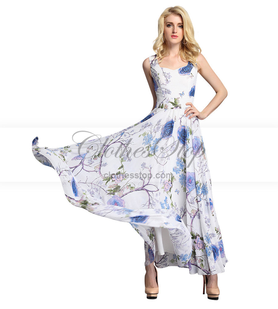 Blue Floral Maxi Dress in Chiffon ...